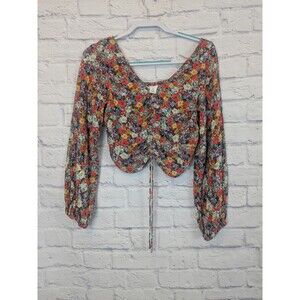 H&M Floral Cropped‎ V-Neck Balloon Sleeve Cottage Core Top Size Jrs Med